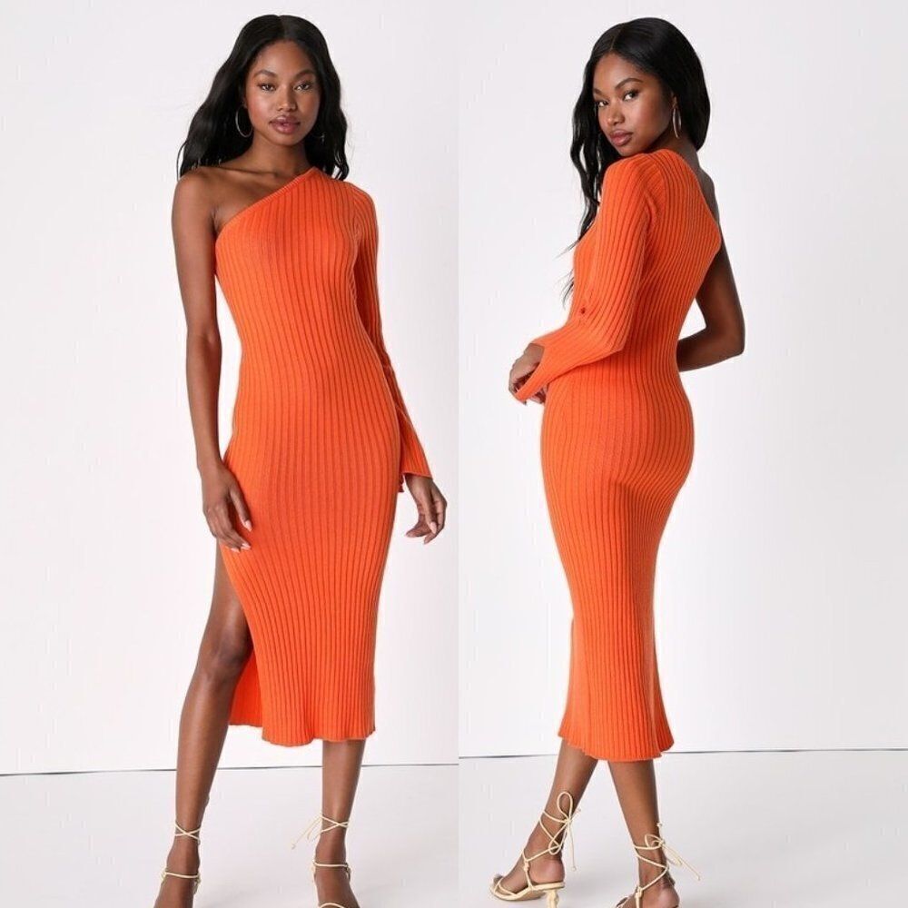 Lulu's Stretch Knit Ribbed One-Shoulder Sweater‎ Midi Dress Flirty Orange